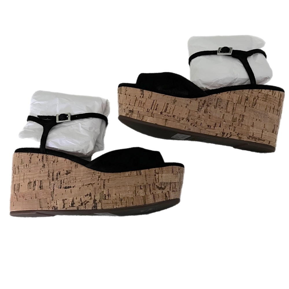 NWT $180 SCHUTZ | Heloise | Suede | Cork Platform Wedges in Black - Picture 3 of 12